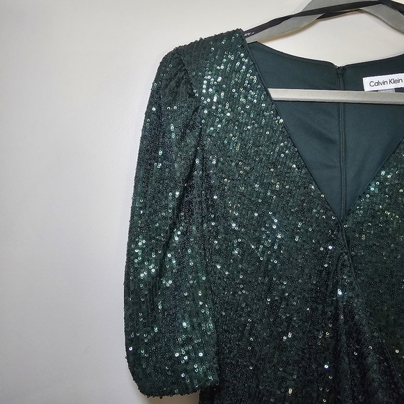 Calvin Klein Green Sequin V-Neck Midi Sheath Dress 3/4 Sleeve Size 14 - Picture 8 of 14